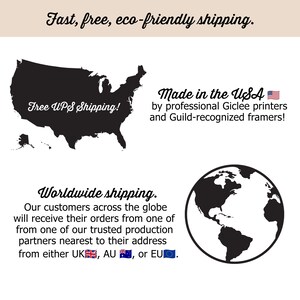 May include: Illustration of the United States with the text "Free UPS Shipping!" and a globe with the text "Worldwide shipping. Our customers across the globe will receive their orders from one of from one of our trusted production partners nearest to their address from either UK, AU, or EU."