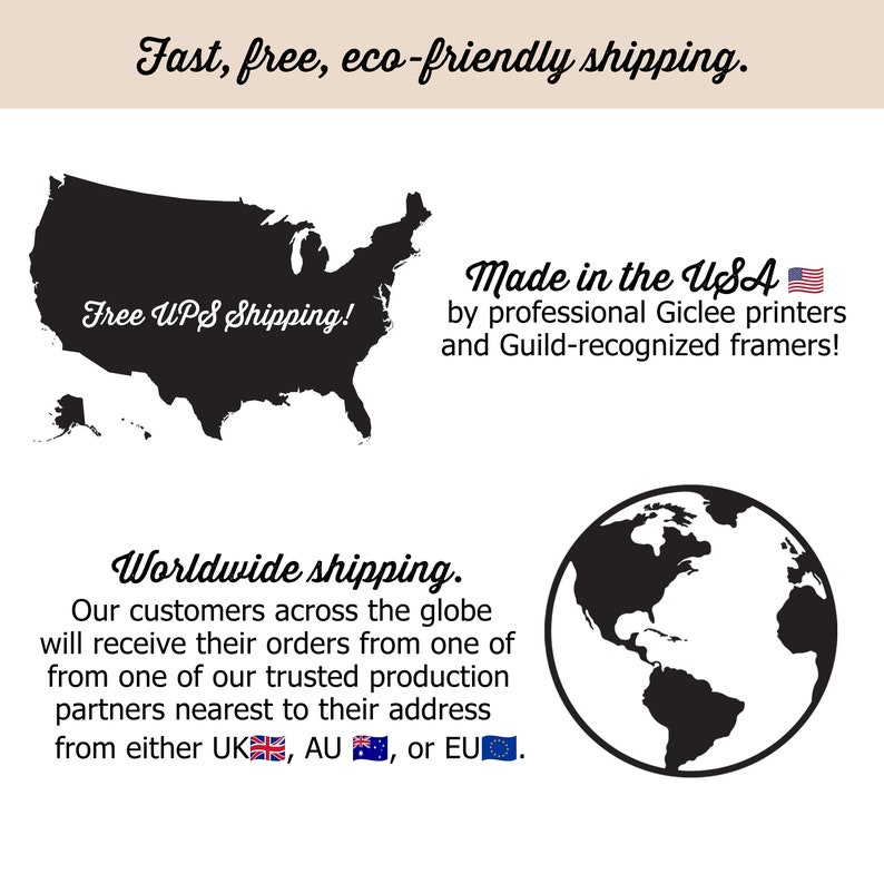 May include: Illustration of the United States with the text "Free UPS Shipping!" and a globe with the text "Worldwide shipping. Our customers across the globe will receive their orders from one of from one of our trusted production partners nearest to their address from either UK, AU, or EU."