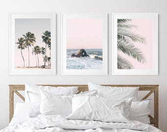 Beachy Wall Art Set, Blush Pink Tropical Palm Tree Prints, Coastal Photography, Boho Coastal Decor, Modern Statement Art for Home
