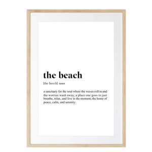 May include: A black and white printable art print with the word "the beach" defined as a sanctuary for the soul where the waves roll in and the worries wash away.