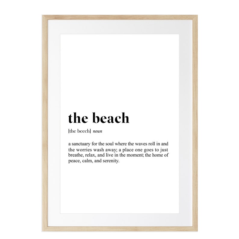May include: A black and white printable art print with the word "the beach" defined as a sanctuary for the soul where the waves roll in and the worries wash away.