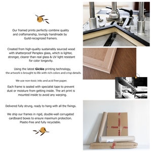 May include: A framed print with a black frame and a white mat. The print is mounted inside the frame and is protected by a clear, shatterproof Persplex glass. The frame is made from sustainably sourced wood and is ready to hang with all the fixings. The print is packaged in a double-wall corrugated cardboard box for maximum protection.