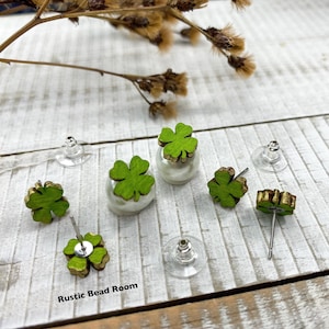 Green Four leaf clover wood post earrings for women, St Patrick’s day earrings handmade, lucky stud earrings gift for her, wood earrings