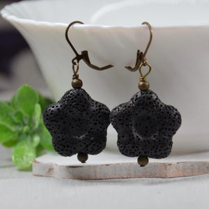 Black Lava Rock Flower Earrings: Nickel Free Boho Diffuser