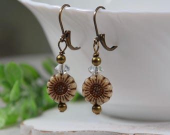 Pendientes colgantes de girasol: sin níquel, con flor marrón (3,8 cm)