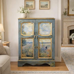 May include: A blue cabinet with gold trim and landscape paintings on the doors. The cabinet has two doors with brass hardware. Two framed landscape paintings hang above the cabinet. A white vase with flowers sits on top of the cabinet.