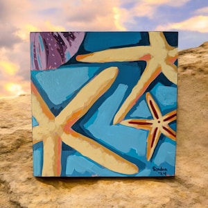 8" x 8" "Ocean Treasures" starfish, shells Acrylic Painting Gift
