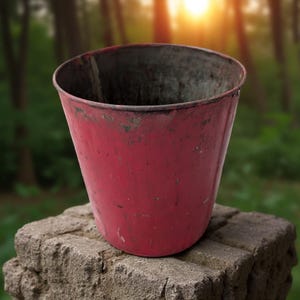 May include: A weathered, red metal bucket with a slightly tapered shape. The bucket shows signs of age with visible wear and tear, including scratches and discoloration. The bucket is sitting on a stone surface, with a blurred forest background.