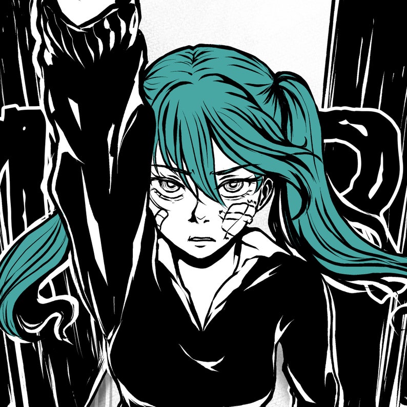 May include: A black and white illustration of a woman with teal hair. She is wearing a black shirt and has bandages on her face. The background is black and white.