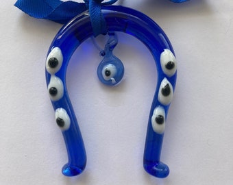 Evil eye decor-Horse shoe wall hanging-evil eye for home-Turkish, evil eye-evil eye amulet, good luck hanging Glass