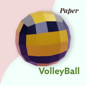 Op de afbeelding: Een papieren volleybal met een geel, paars en zwart kleurenschema. De tekst "Paper" staat in de rechterbovenhoek van de afbeelding en de tekst "VolleyBall" staat in het midden onderaan de afbeelding.