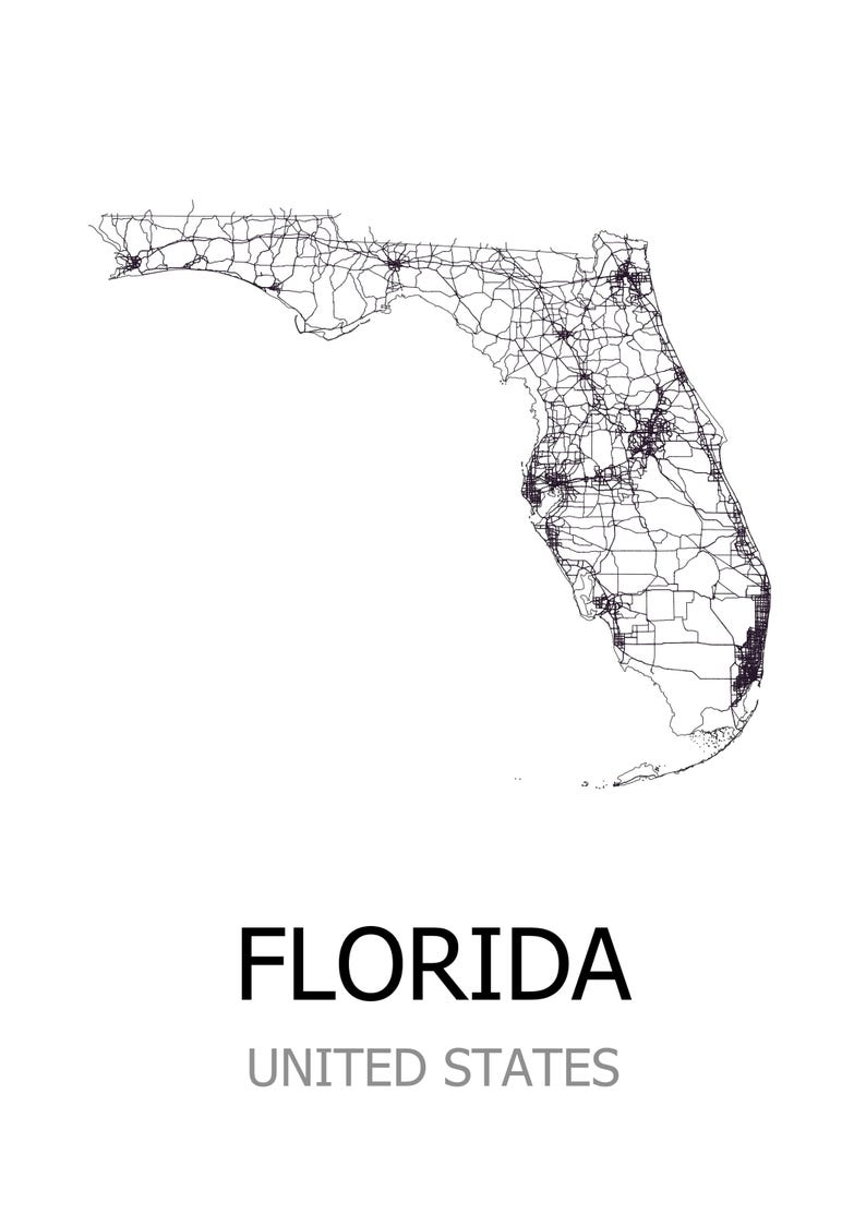 Vector Printable Florida Map.pdf Florida Map PDF Digital Poster A1 A2 A3 | Minimalist USA Road Map Wall ...