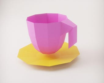 Taza de café 3D de papel: SVG, PDF, DXF, archivos Studio3 / Modelo de taza y platillo de baja poli para Cricut, Silhouette y CanvasWorkspace