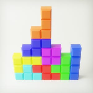 May include: A colorful arrangement of geometric blocks in various colors, including orange, blue, pink, green, red, yellow, and turquoise. The blocks are stacked to create a visually appealing, abstract design, reminiscent of a classic puzzle game.