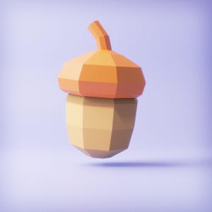 May include: A low-poly style acorn rendered in shades of orange and tan. The top of the acorn is a darker orange, while the body is a lighter tan colour. The acorn is floating against a soft purple background.