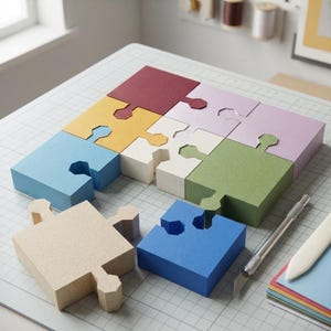Puede incluir: Una colección de piezas de rompecabezas gruesas y cuadradas en varios colores sólidos, incluyendo granate, amarillo, azul claro, crema, verde, lavanda y beige. Cada pieza presenta pestañas y ranuras entrelazadas. Un cúter de metal está cerca.