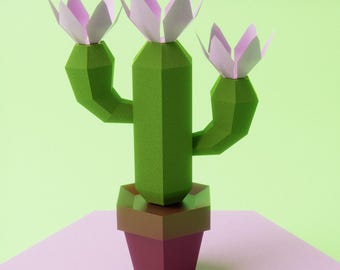 Cactus 3D Papercraft en una maceta flor Diy Papercraft, Silhouette DXF, Patrón imprimible, Modelo de corte SVG, PDF, Decoración para el hogar y la oficina.