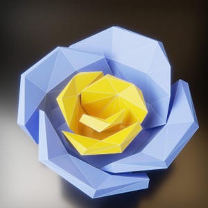 May include: A blue and yellow origami flower with a geometric design. The flower is made of paper and has a three-dimensional shape.