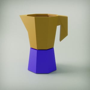 May include: A geometric coffee maker in a modern style. The top portion is a light brown color, while the base is a vibrant blue. The handle is integrated into the design, and the overall shape is angular and stylized.
