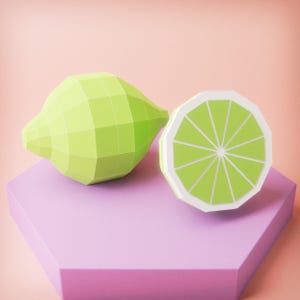 May include: A green lime and a lime slice on a purple hexagonal platform. The lime is a low-poly 3D model.