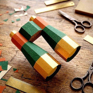 May include: A pair of binoculars constructed from paper, featuring a geometric design with segments in forest green, burnt orange, and metallic gold. The binoculars are positioned near a metal ruler and scissors on a wooden surface.