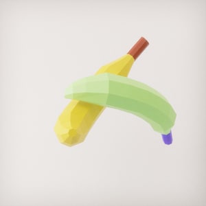 May include: A low-poly style illustration of two bananas. One banana is yellow with a brown stem, and the other is green with a purple tip. The bananas are overlapping against a white background.