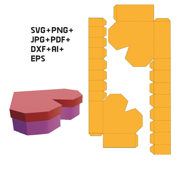 3D Heart Box SVG Cut File, Box with Lid template, Favor Box, Gift Box Template, Digital Download, DXF, PDF, Cricut, Box Template.