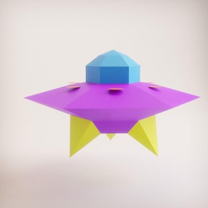 Könnte beinhalten: Ein geometrisches UFO im Low-Poly-Stil in Lila, Blau und Gelb. Das Raumschiff hat einen scheibenförmigen Körper mit einer zentralen Kuppel und drei dreieckigen Beinen. Das Design ist einfach und farbenfroh.