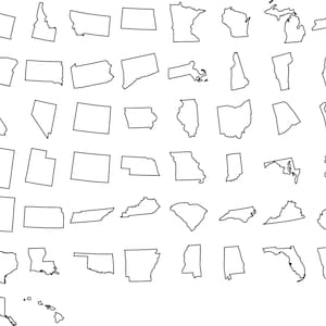 Lot de 50 États SVG, fichier Svg de carte des États-Unis de contour, image vectorielle d'éléments de conception d'État, clipart, silhouettes, fichier de coupe, Cricut