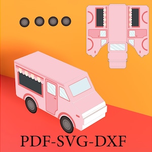 May include: A pink food truck with a white awning and a black window. The truck has four wheels and a white front bumper. The image also includes a template for building a paper food truck.
