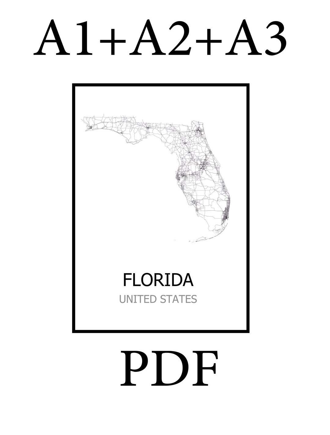 Vector Printable Florida Map.pdf Florida Map PDF Digital Poster A1 A2 A3 | Minimalist USA Road Map Wall ...