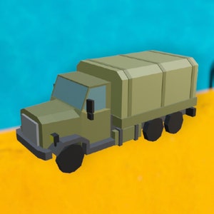 May include: A green military truck with a canvas cover. The truck has four wheels and a large windscreen.