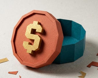 3D Dollar Box SVG Papercraft Template, Money Favor Box Cut File for Cricut ScanNCut, Cash Gift Box Low Poly Dollar Sign Pattern PDF