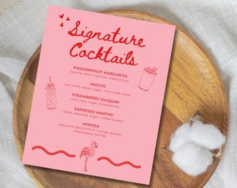 Pink Flamingo Pool Party Cocktail Menu Template | Canva Bar Sign for Bachelorette & Tropical Events
