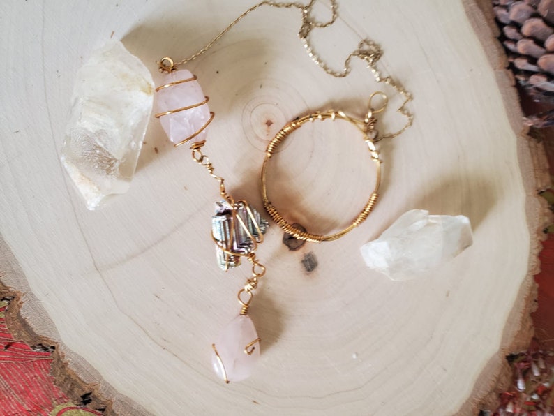 Rose quartz Gold plated love yourself necklace statement jewelry wire wrapped necklace lariat adjustable