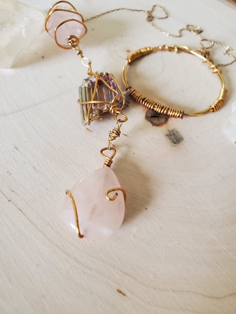 Rose quartz Gold plated love yourself necklace statement jewelry wire wrapped necklace lariat adjustable