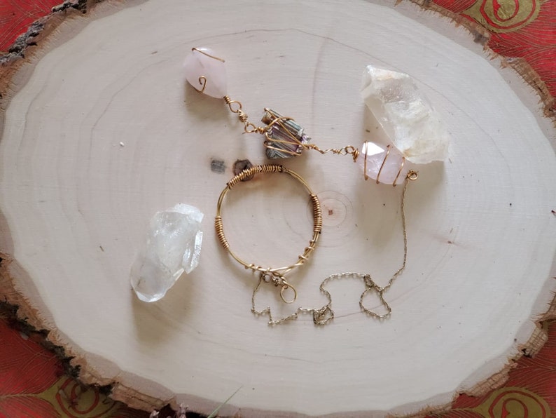 Rose quartz Gold plated love yourself necklace statement jewelry wire wrapped necklace lariat adjustable