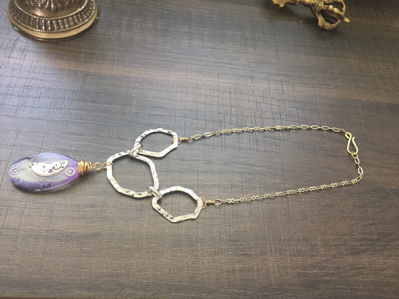 Purple Agate pendant necklace brass wire wrap gold plated chain steam punk victorian style artisan jewelry silver plated hammered links