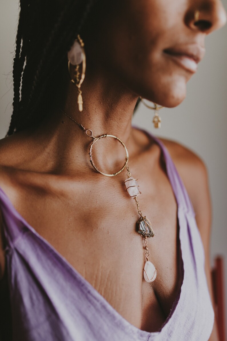 Rose quartz Gold plated love yourself necklace statement jewelry wire wrapped necklace lariat adjustable