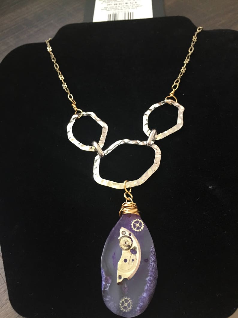 Purple Agate pendant necklace brass wire wrap gold plated chain steam punk victorian style artisan jewelry silver plated hammered links