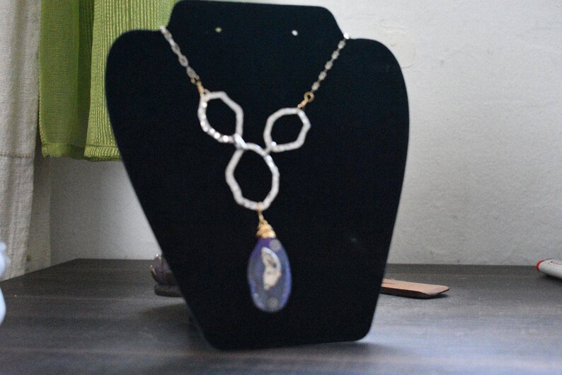 Purple Agate pendant necklace brass wire wrap gold plated chain steam punk victorian style artisan jewelry silver plated hammered links
