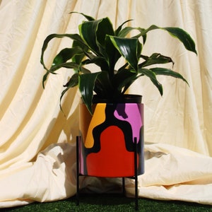 May include: A green plant in a colorful, abstract patterned ceramic pot with a black metal stand. The pot has shades of red, yellow, purple, and black.