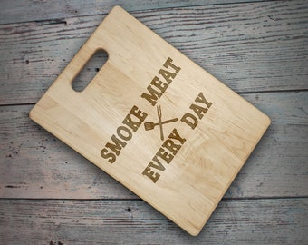 Smoke Meat Every Day Funny Cutting Board for Men, Fathers Day Dad's Birthday Christmas Gift Idea, BBQ Grilling Accessory Bamboo Walnut Maple
