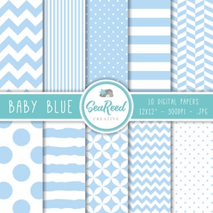 Baby Blue Digital Paper, Geometric Patterns For Scrapbooking, Digital Paper Pack, Printable Paper, Seamless Pattern, Instant Download