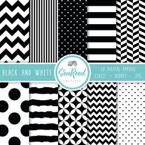 Black and White Digital Paper, Black Stripes, Black Herringbone, Digital Paper Pack, Printable Paper, Seamless Pattern, Instant Download