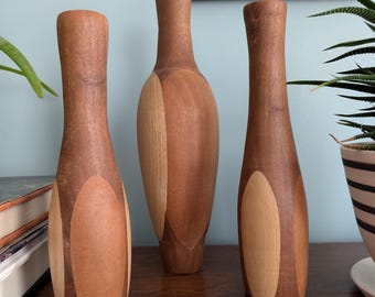 Set of three handmade, vintage wood candle holders