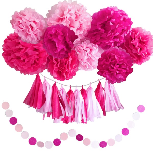 Girl Baby Shower Decoration- Girl Birthday Party Decorations- Pink and Hot Pink Tissue Tassels Garland and Pom Pom Flowers