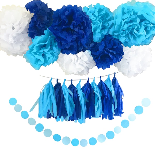 Boy's Baby Shower Decorations Set and Birthday Party Decor Kit / Blue and White Pom Pom Tissue Flowers and Tissue Paper Tassels Garland Set