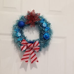 Blue Christmas Wreath With Striped Bow-Artificial Christmas Wreath-Wall Decoration-Holiday Decoration-Door Decoration-Home Decoration