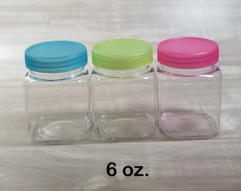 Set of 3 Plastic 6 oz. clear jars with colorful plastic lid-Storage Jar Container-DIY body butter, body scrub, sugar scrub, slime container